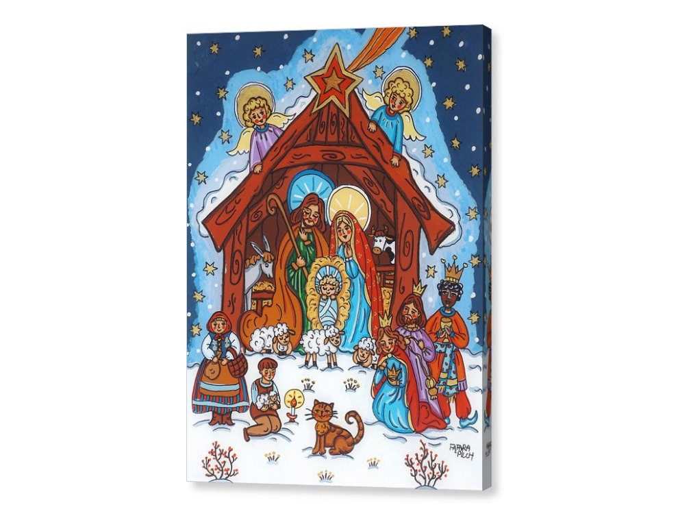 Folk art nativity canvas print Nativity painting Nativity Etsy