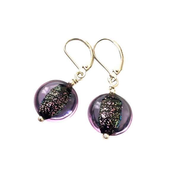 Purple Murano Disc Earrings, Dichroic Art Jewelry, Sterling Silver