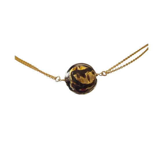 Murano Glass Disc Choker: Black & Gold Cheetah, Gold Sterling Silver Chain
