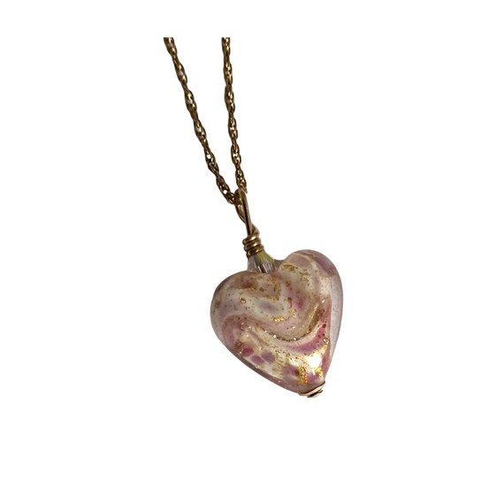 Very Small Murano Glass Heart Necklace: Pink Gold Ribbon, 18KT Gold Sterling Chain