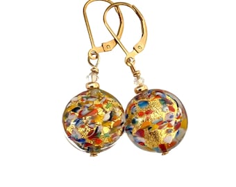 Murano Glass Disc Earrings: Klimt Inspired Art Nouveau Gold Filled Lever Backs