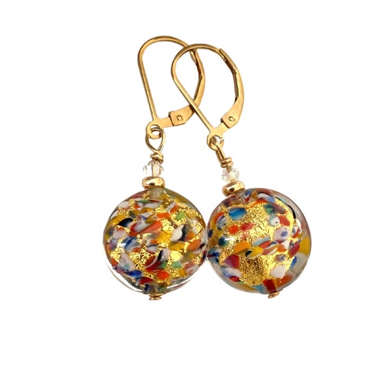 Murano Glass Disc Earrings: Klimt Inspired Art Nouveau Gold Filled Lever Backs