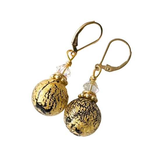 Black Murano Glass Earrings: 24K Gold Accents, Gold Filled Lever Backs