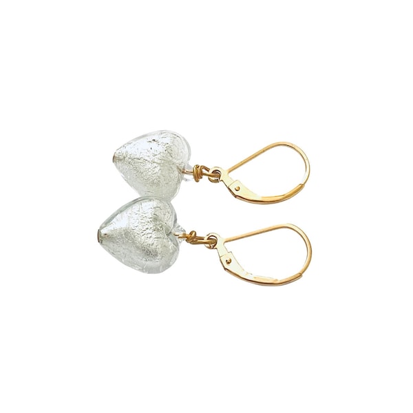 White Murano Earrings, White Gold Hearts, Sterling Silver or 14 KT Gold Filled Lever Back Hooks, Wedding Jewelry