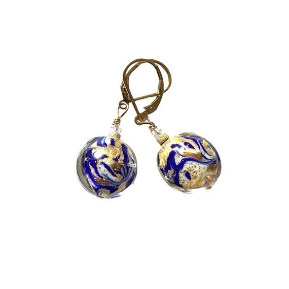 Blue Murano Glass Disc Earrings: 14K Gold Ribbon, Gold Filled Lever Backs