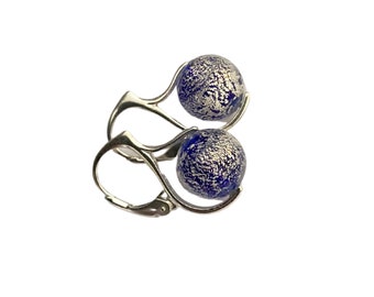 Blue White Gold Bead Earrings, Murano Glass, Sterling Silver Lever backs
