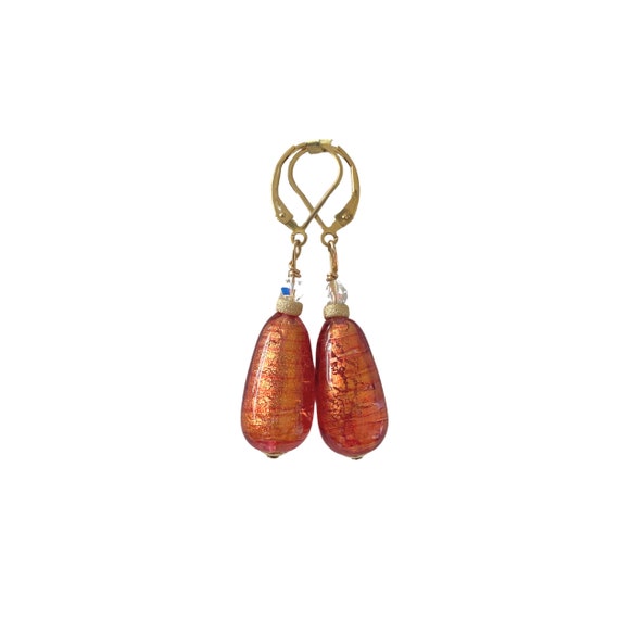 Murano Glass Teardrop Earrings: Copper Gold, 14K Gold Filled Accents