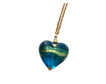 Small Teal Heart Necklace, Blue Murano Glass Pendant, Gold Chain