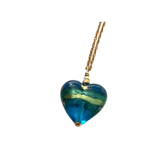 Small Teal Murano Glass Heart Necklace: 18KT Gold Sterling Silver Chain