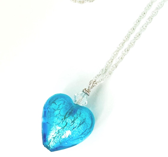 Very Small Turquoise Murano Heart Pendant: Sterling Silver