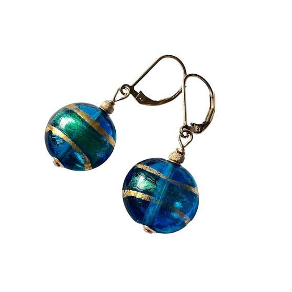 Teal Blue Earrings, Murano Glass, Gold Filled Lever Back Earrings