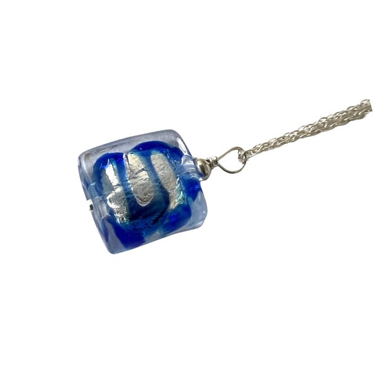 Blue Striped Murano Glass Pendant: Sterling Silver Chain