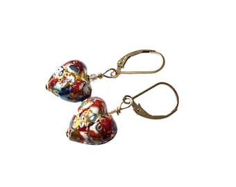 Red Murano Glass Klimt Inspired Heart Earrings