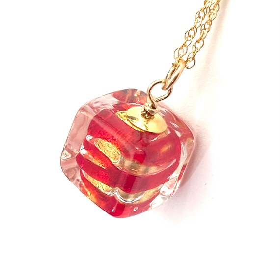 Murano Glass Cube Necklace: Red & Gold, 18KT Gold Dipped Chain