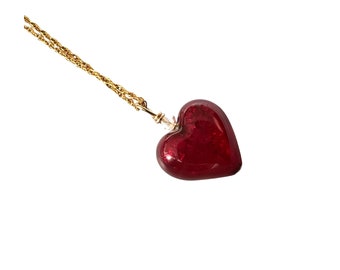 Small Ruby Red Murano Glass Heart Necklace, Gold or Silver Chain