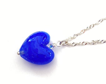 Großes Blaues Herz Anhänger, Murano Glas Halskette, Sterling Kette