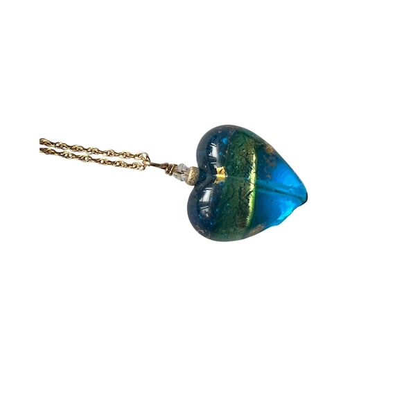 Teal Murano Glass Heart Necklace: 18KT Gold Sterling Silver Chain