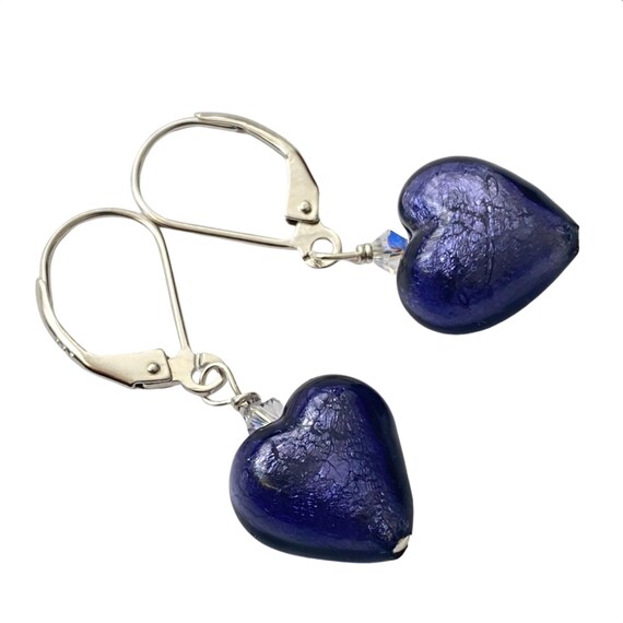 Purple Murano Glass Heart Earrings, Sterling Silver Lever Backs