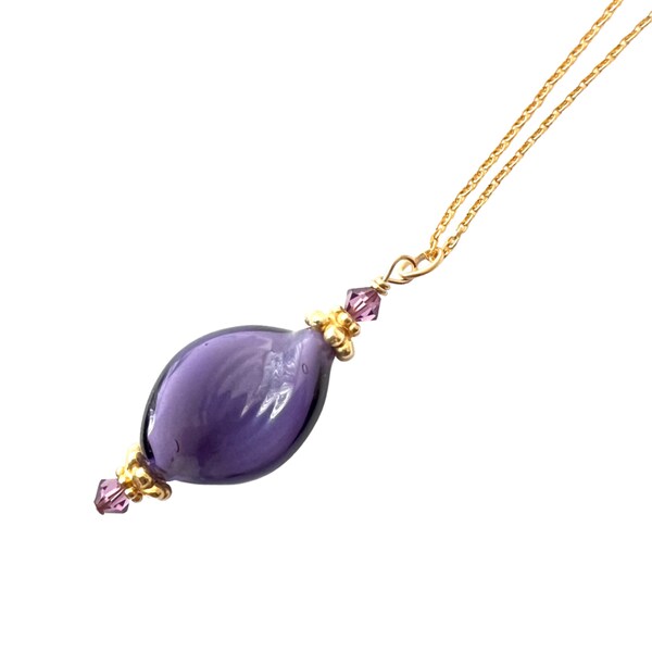 Purple Murano Glass Necklace Set, Gold Chain, Free Earrings