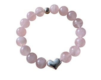 Madagascar Rose Quartz Bracelet, Natural Gemstone and Sterling Silver Elastic, Heart Charm