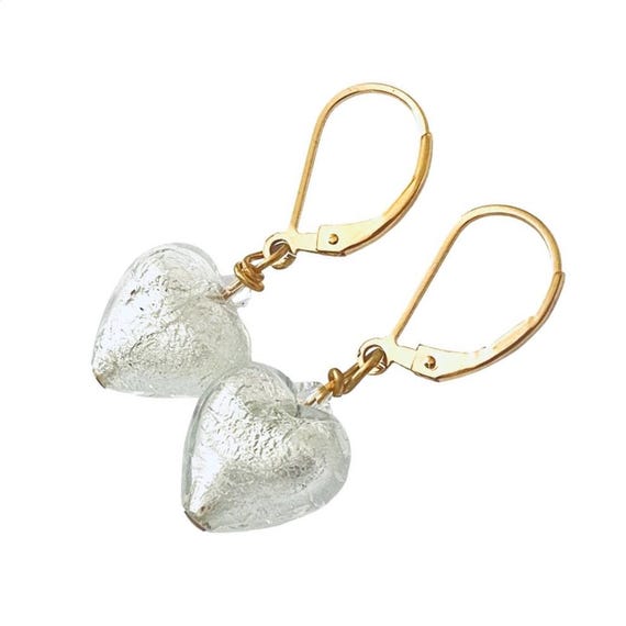 White Murano Glass Heart Earrings: Sterling Silver or Gold Filled