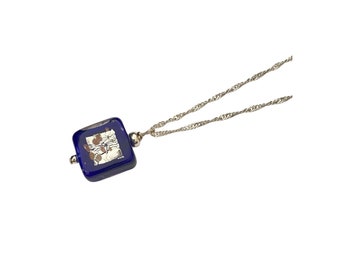 Small Blue Square Murano Glass Pendant, Sterling Silver Chain  Necklace