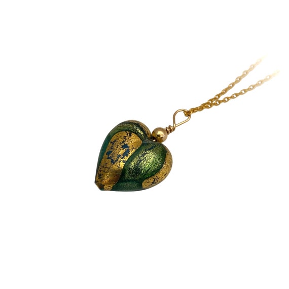 Green Murano Glass Heart Pendant: 24K Gold, 18K Gold Chain