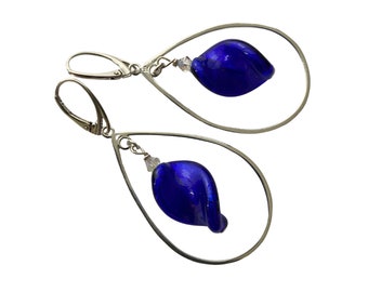 Long Blue Murano Glass Bead, Sterling Silver Teardrop Hoops