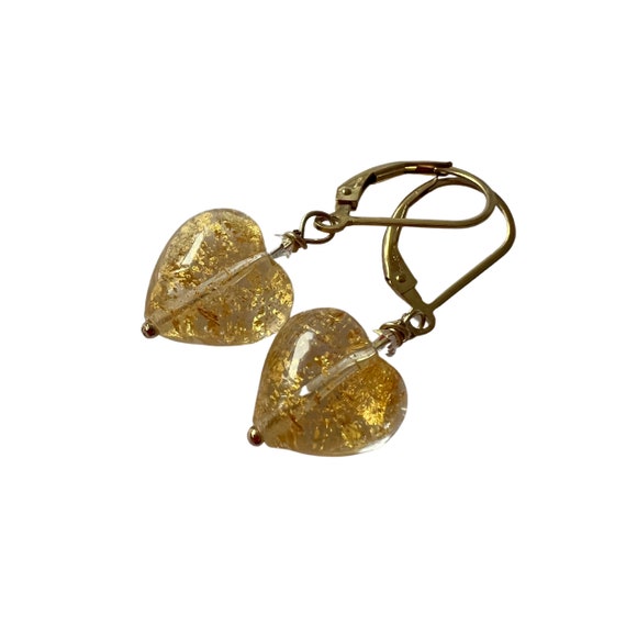Gold Murano Heart Earrings: 24K Gold Foil