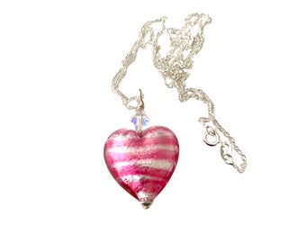 Large Pink Murano Glass Heart Necklace, Silver or Gold Chain