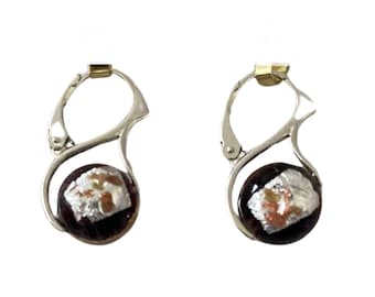 Boucles d'oreilles en or jaune et blanc noir, verre de Murano, fonds levier en argent sterling