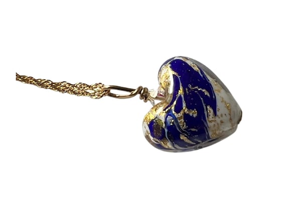 Small Murano Glass Heart Pendant: Blue, Gold, Sterling Silver Chain