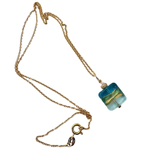 Aqua Striped Murano Glass Necklace, 18 KT Gold & Sterling Silver Chain