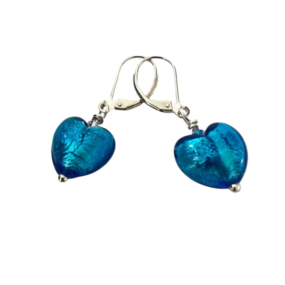 Puffy Turquoise Murano Glass Heart Earrings