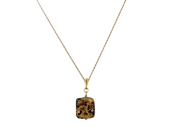 Square Gold Animal Print Murano Glass Pendant, Gold Sterling Silver Chain