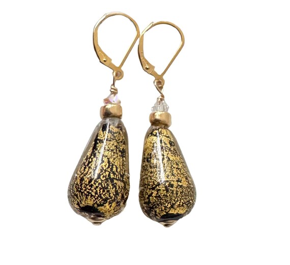 Black Murano Glass Teardrop Earrings, 24KT Gold Leaf, Gold-Filled Lever Back Hooks