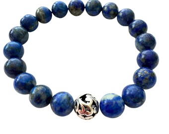 Lapis Lazuli Blue Gemstone Bracelet,  Unisex Bracelet, Sterling Silver Bead, Elastic