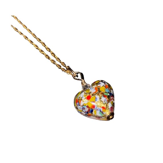 Klimt-Inspired Murano Glass Heart Necklace: 14K Gold Filled Chain
