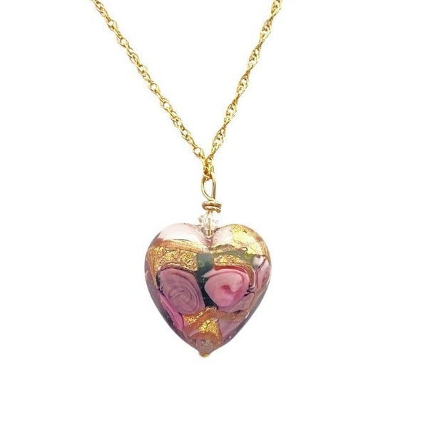 Pink Roses Murano Glass Pendant, Pink Necklace, Gold Chain