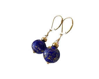 Gold Blue Bead Earrings, Authentic Murano Glass, Gold Lever Backs