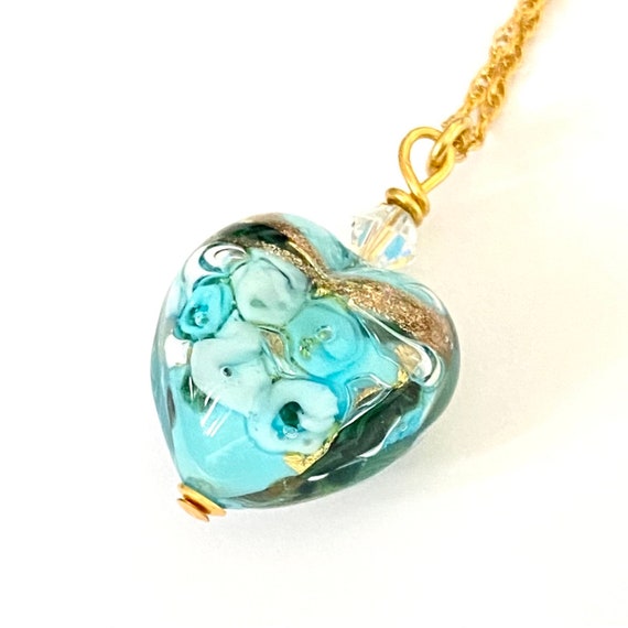 Aqua Murano Glass Rose Heart Pendant: 18KT Gold Sterling Silver Necklace
