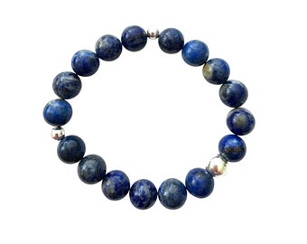 Lapis Lazuli Gemstone Bracelet,  Sterling Silver Bead, Elastic