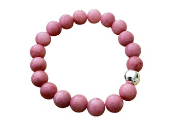 Pink Rhodonite Jade Bracelet, Natural Persian Jade Gemstone and Sterling Silver Bead, Elastic