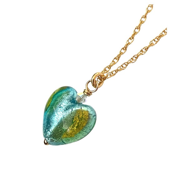 Teal Murano Glass Heart Necklace: 24K Gold, 18KT Gold Dipped Sterling Silver Chain