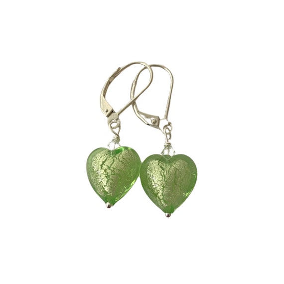 Small Green Murano Glass Heart Earrings, Sterling Silver Hooks