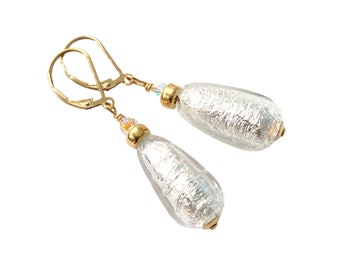 White Gold Teardrop Earrings, Authentic Murano Glass