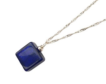 Small Square Blue Murano Glass Pendant on a Sterling Silver Necklace