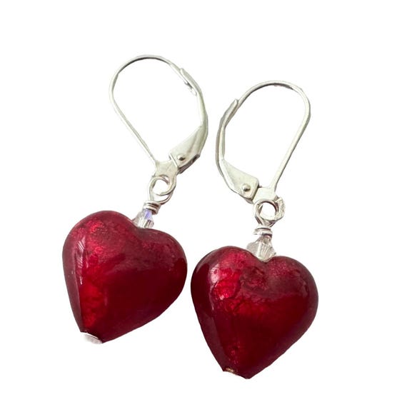 Red Murano Glass Heart Earrings: Gold Filled or Sterling Silver