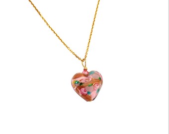 Pink Floral Murano Glass Pendant, Pink Necklace, Gold Chain