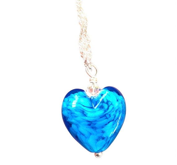 Turquoise Blue Murano Glass Heart Necklace, Sterling Silver Chain, Cloud Design